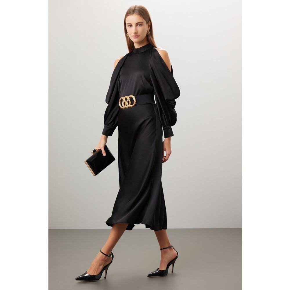 Arias New York Black Mock Neck Cold Shoulder Long Sleeve Cocktail Midi Dress 2 - Picture 1 of 16